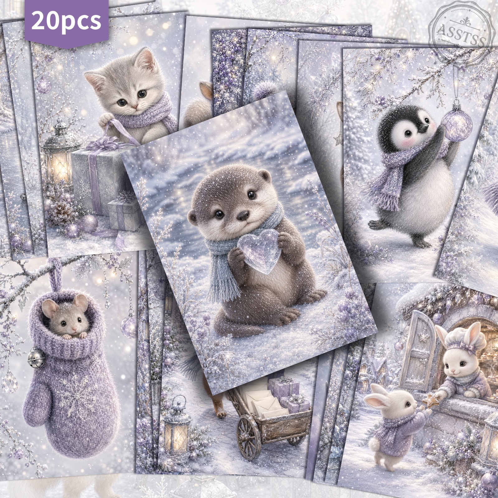 TEMU 20-pack Asstss Vintage Purple Christmas Animals Postcards - 4x6 Inches Retro Junk Journal Supplies, Classic Pinup Illustrations Collectible