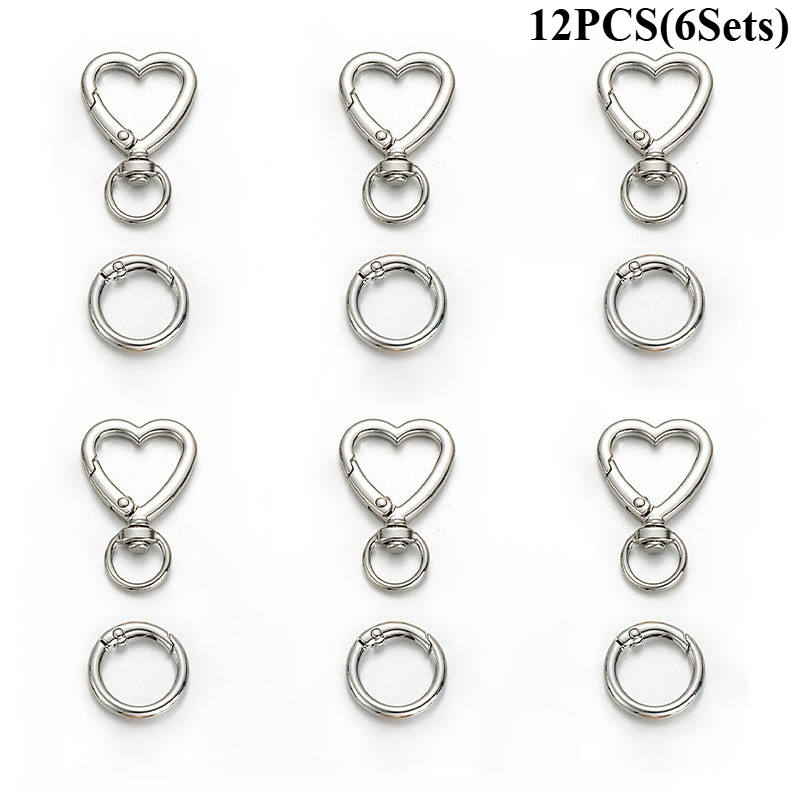 TEMU Lot de 12 anneaux porte-clés à double ouverture, 6 fermoirs à ressort en métal de cœur et 6 mousquetons à anneau en O avec crochet à ressort,