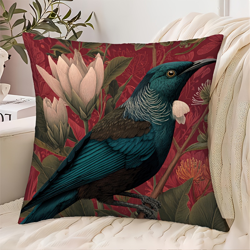 TEMU 2d Flat - Single Piece Of 2d Flat-printed Decorative Throw Pillow Featuring New Zealand Tui Bird And - Modern Cushion With Red And Green Plant