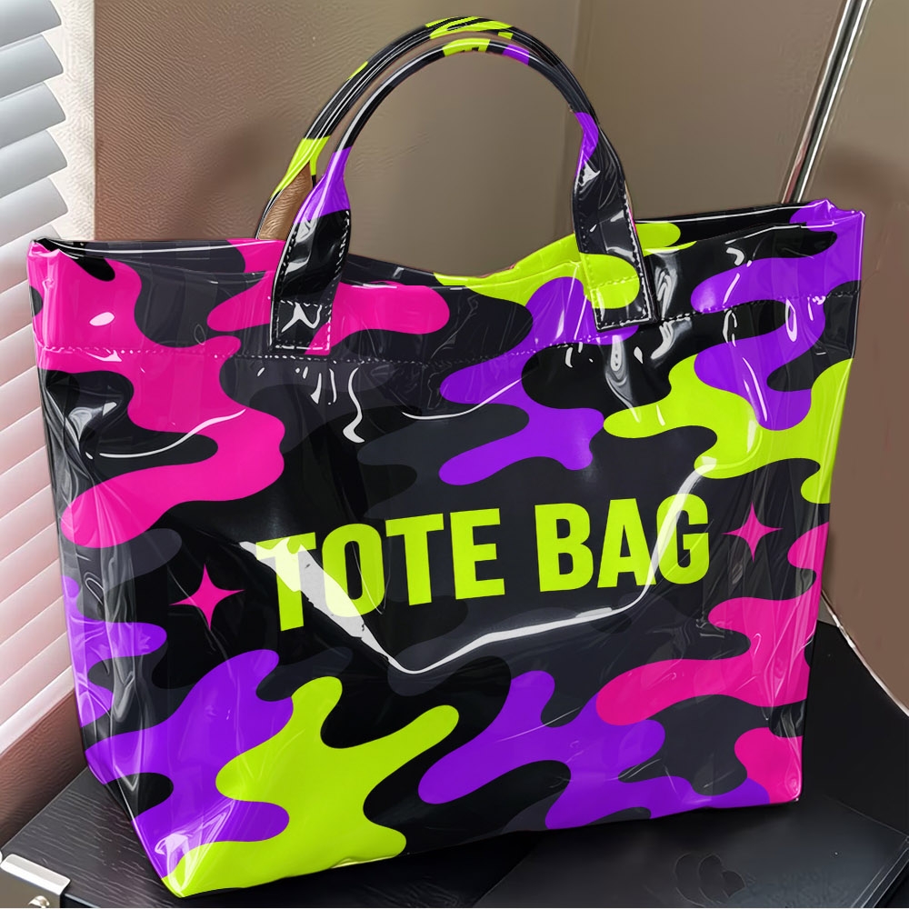 Black Glossy Base Neon Pink Purple Green Camo With Tote Bag Letter Print Tote Bag, Cool Y2k Streetwear Large Handbag For Street Outfit Travel Teen Daily Use And Trendy Birthday Gifts