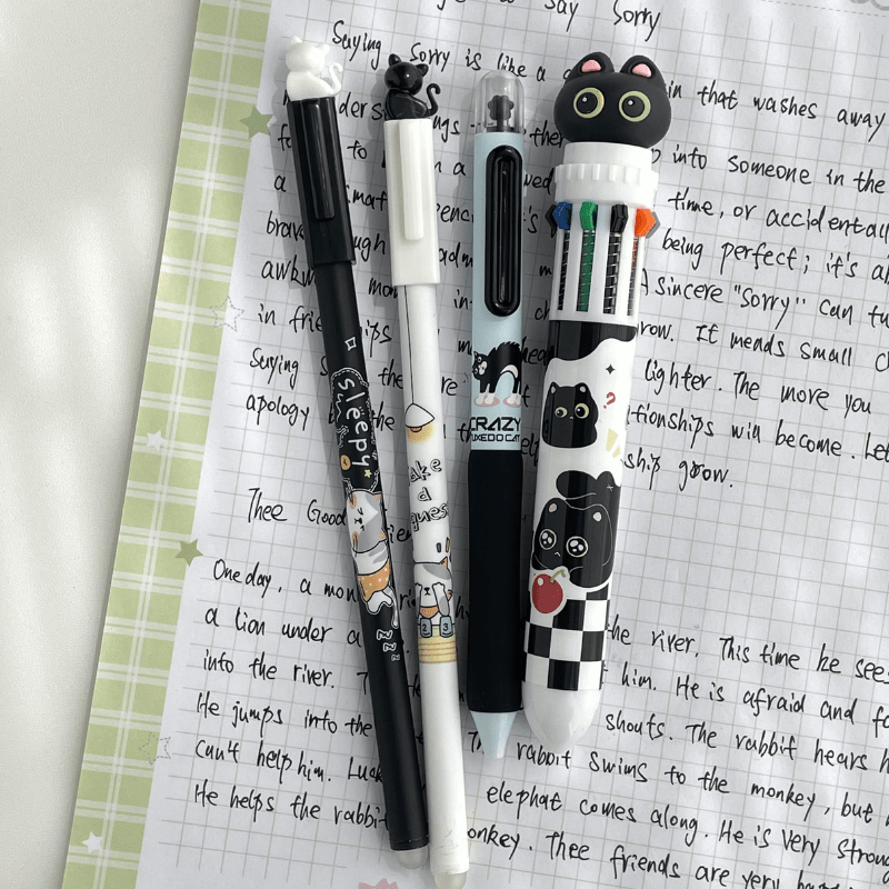 TEMU 4pcs Cat-themed Gel Pen Set, Assorted Styles, 0.5mm Tip, Black, Blue, And Colored Refills, Office And School Supplies, Perfect Gift