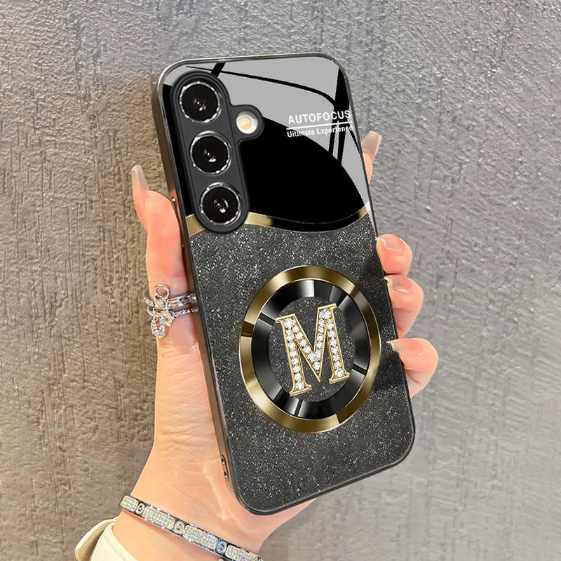 TEMU Phone Case: Business-grade High-end Black And Golden Letter "m" Pattern Glass Phone Case, Suitable For Galaxy