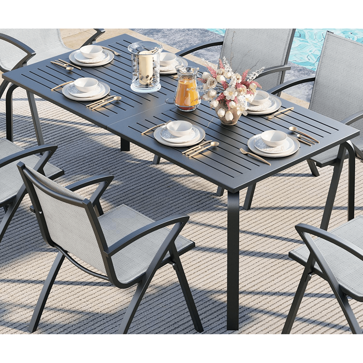 71-Inch Rectangular Aluminum Outdoor Dining Table Designed for Patios, Featuring an Umbrella Hole, Resistant to Weather And Rust, Accommodating 6 to 8 Individuals for Backyard And Deck Use