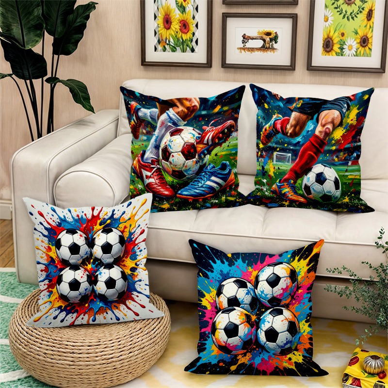 TEMU 4pcs Pillowcases Single-sided Printed Colorful Football Sports Theme Pillow Covers Vibrant Shooting Action And Football Elements Print Street