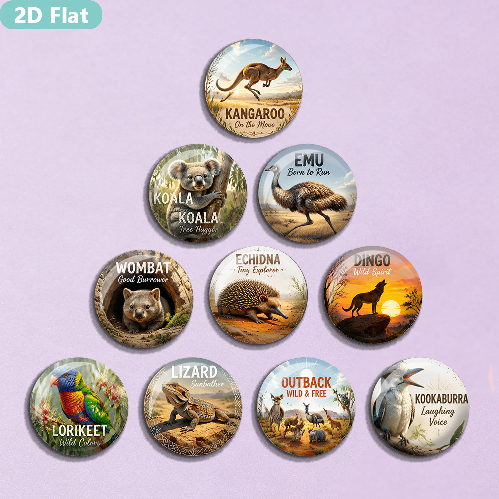TEMU 10pcs 2d Flat Round Australian Wildlife Animals Pattern, Crystal Glass Fridge Magnets, , Polished Edges, , Reliable Attachment, Suitable For