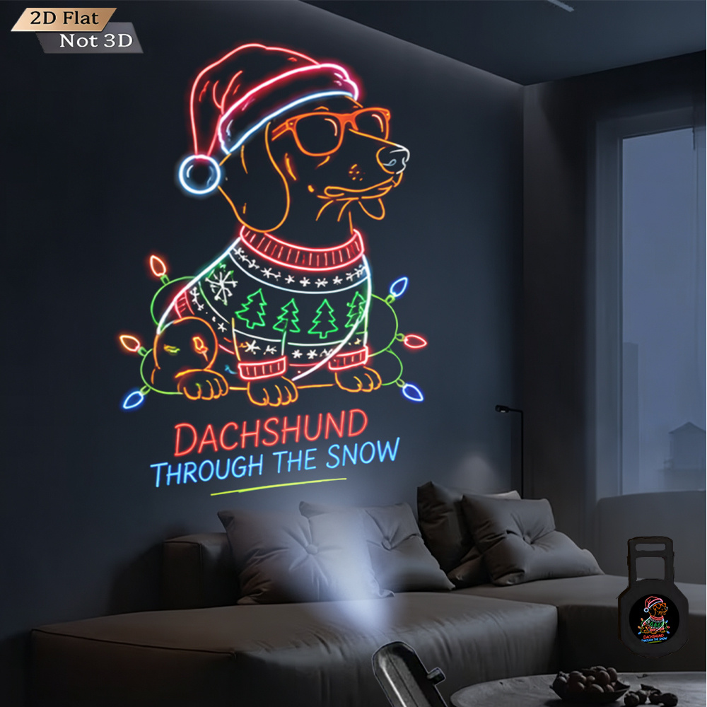 TEMU Usb Powered Projector Light Christmas Dachshund Neon Dachshund In Santa Hat And Xmas Sweater With Lights Led Projection Lamp Ambient Night Light