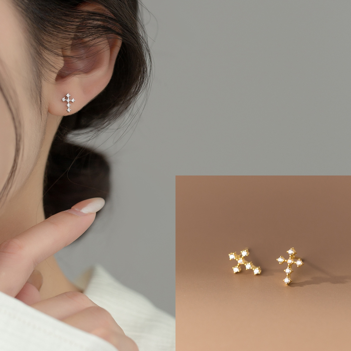 Copper Cross Stud Earrings with Rhinestones Daily & Party Wear