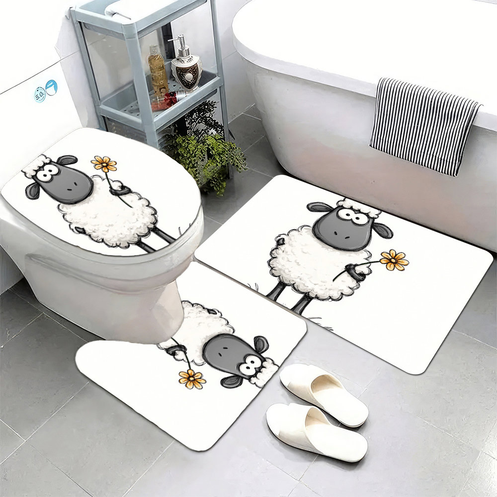 E-shop 3er-Set superweiche Badmatten, rutschfeste Rückseite, niedlicher Schaf mit Blumen-Print, geeignet für Bad, Toilette, Schlafzimmer, ideales