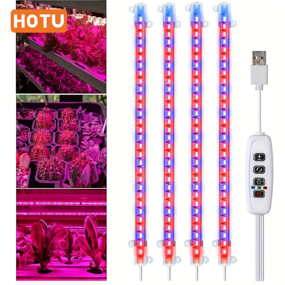 

4-pack Hotu Led Grow Lights For Indoor Plants, Full Usb Powered With Auto Timer, 3/6/12h Cycle, 192 Leds Dimmable Growing Lamp For Greenhouse, Seedling - Adapter Not Included