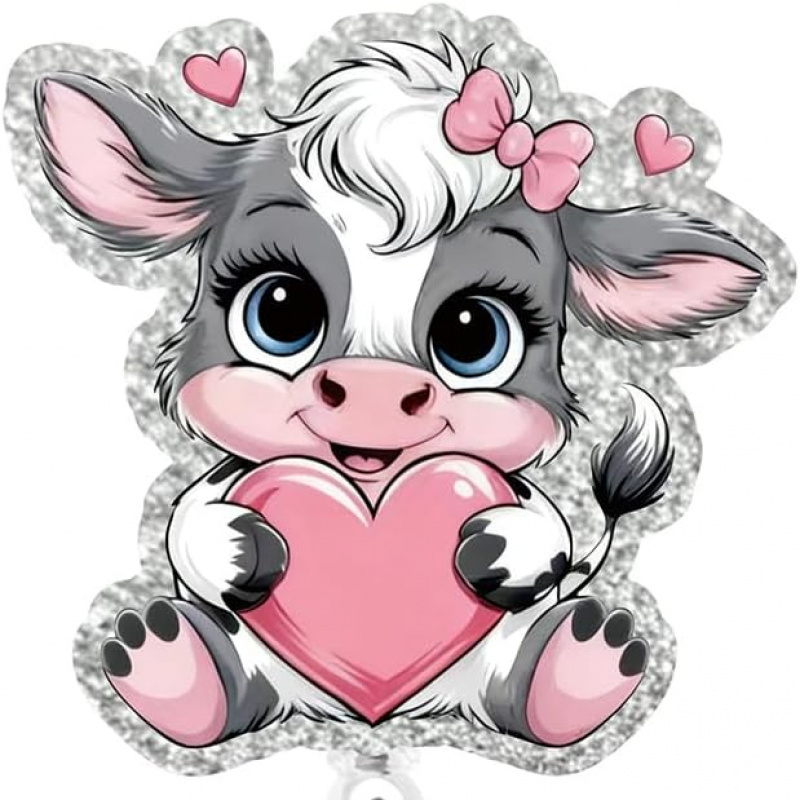 TEMU Porte-badge rétractable 2D Vache avec Design Cœur Rose - Support en Acrylique pour Infirmières, Médecins, Enseignants, Travailleurs, Cartes de