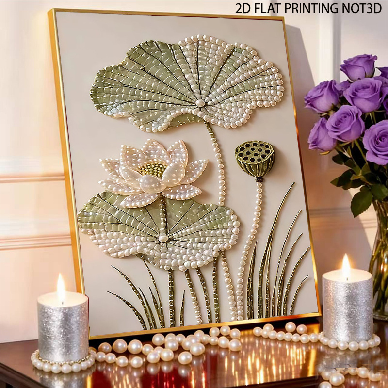 TEMU Diamond Painting – 1 Set 2d Flat Pearl Painting | 37x47cm/14.57x18.5in Lotus And Lotus Leaf Decorative Art With Self-adhesive Pearls And
