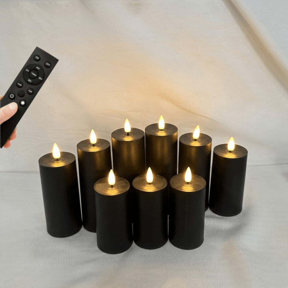 Image of 9pcs Halloween Black Led Flameless Candles With Remote Control & Timing Function And Effect, Suitable -o'-lantern Desktop Ornaments, Outdoor Courtyard And ' Day Decorations - Batteries Not Included