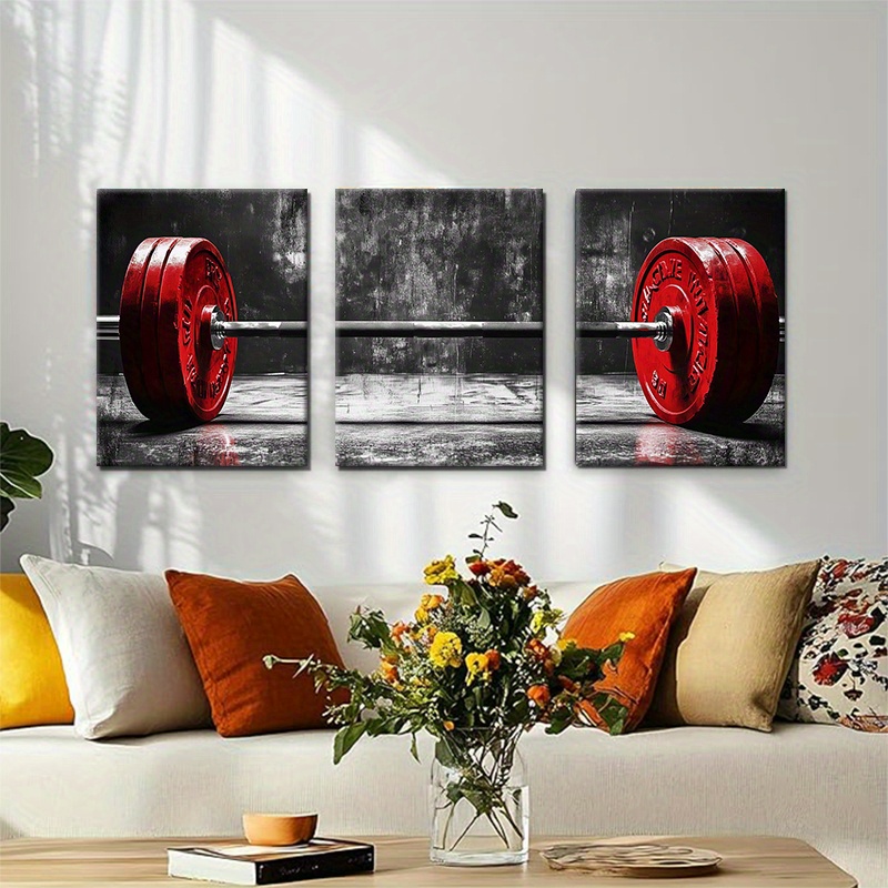 3pcs Barbell Weightlifting Canvas Wall Art Motivational Gym Fitness  Prints with Red Weights, Framed for Home, Office, or Workout Room Decor,  Indoor