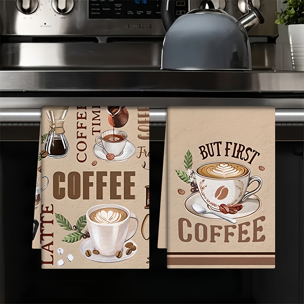 TEMU Jit2pcs Coffee-themed Dishcloths & Kitchen Towels â Modern Microfiber Coffee Bean & Cup Design, Cute Coffee Decor For Baking, , Dish Drying â
