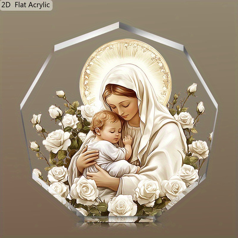 Image of 2d Flat, 1pc Christian Gift - White Flower- Haloed Polygonal Acrylic Decorative Plaque And Ornament, Christian Decor, Home Holiday Party Table Decor, Gift, 2d Flat