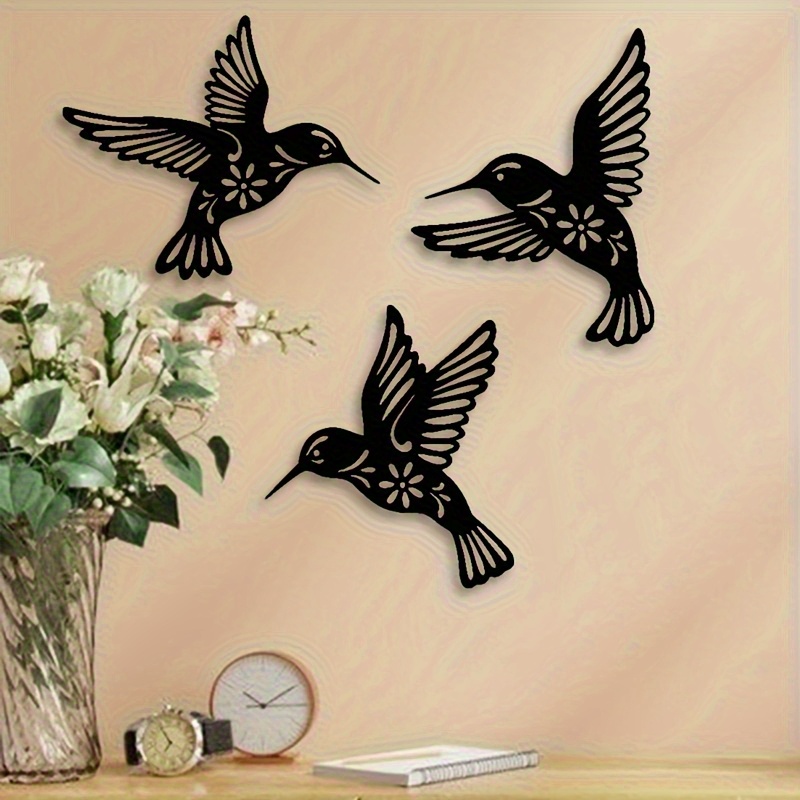 TEMU 2d Flat - [2d Flat] 2dflat, 3pcs Hummingbird Acrylic Wall Decor - , Reusable, Ideal For Bedroom And Living Room, Black And With Floral Accents,