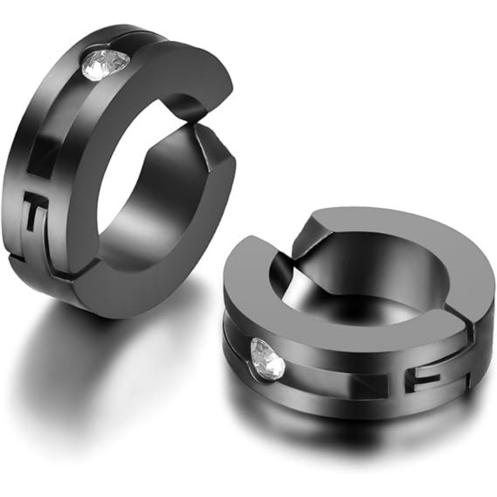 Image of Non-piercing Punk Hoop Earrings: Small Black Stainless Steel Huggie Hinged Hoops With, Clip-on Fake Stud Earrings, Stylish Jewelry Gift For Men And Women