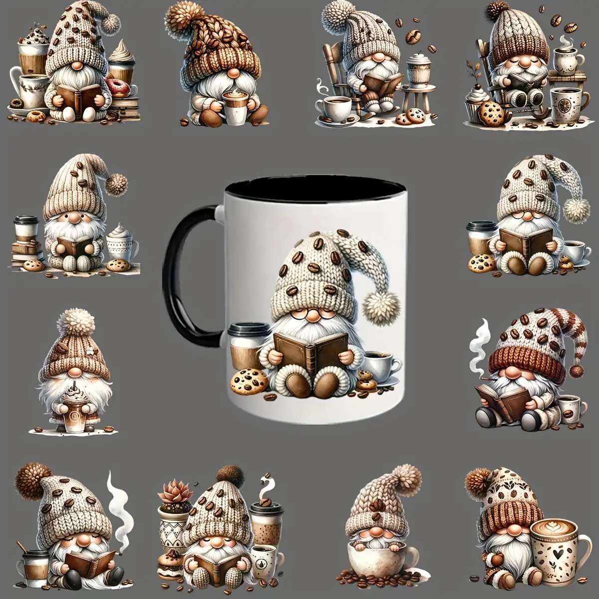 E-shop 12er Set Gartenzwerge Kaffeebohnen Aufkleber im Landhausstil - Selbstklebende UV DTF Transfer Aufkleber für 40Oz Tumbler, Tassen, Flaschen -