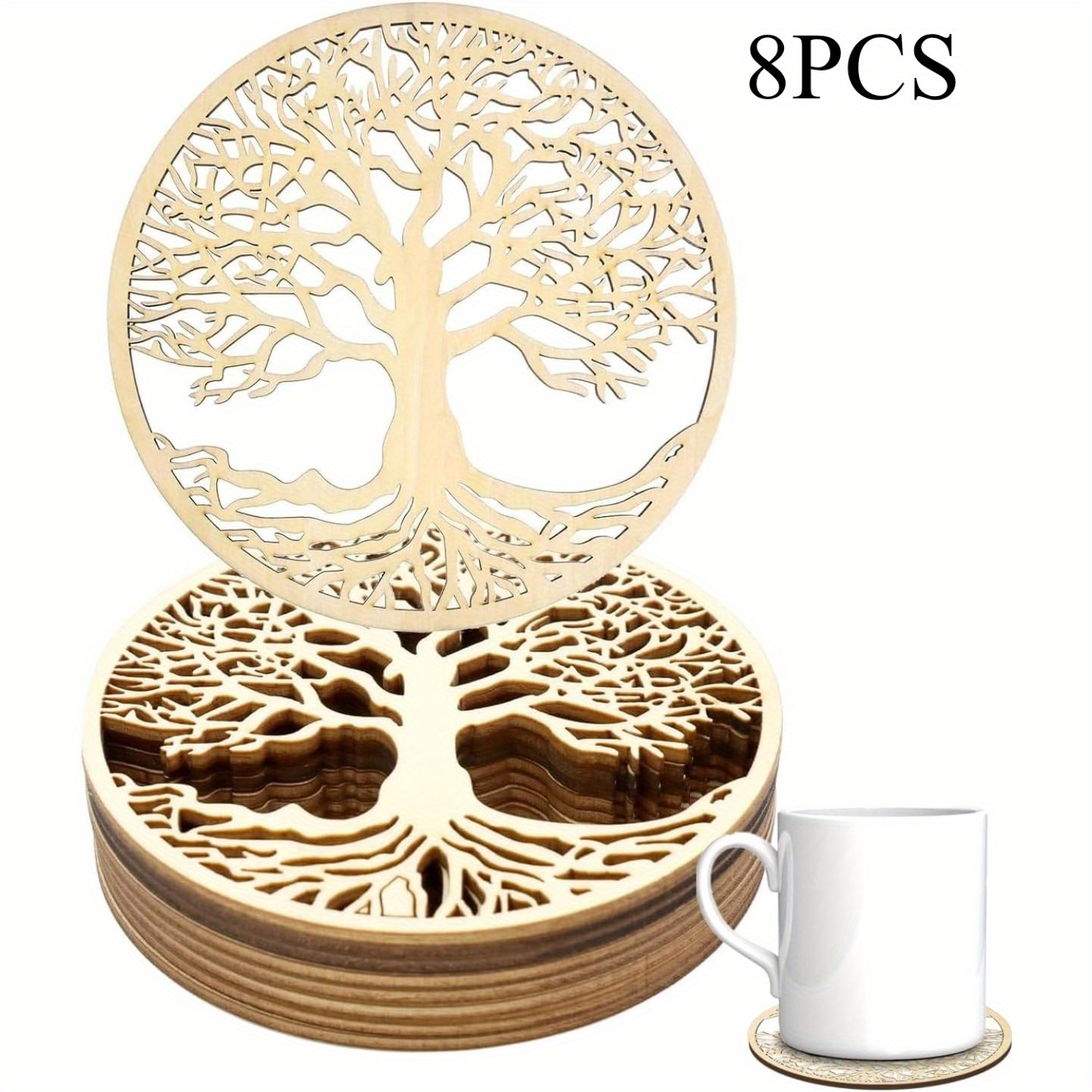 Image of 8pcs Tree Of Life Meditation Wood Coaster, Wood Coaster Made Of Wood, Tree Of Life Wall Decoration