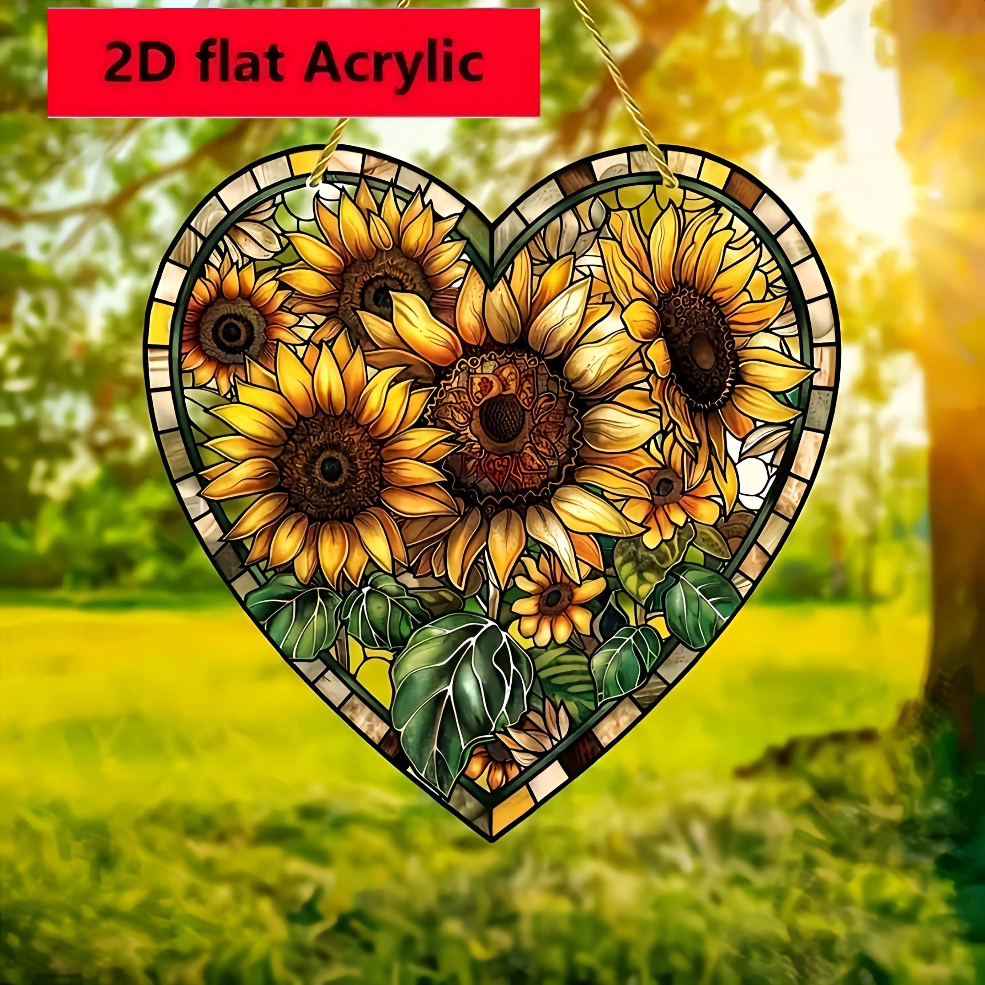 TEMU 2d Flat, 2d Flat Acrylic Sunflower , Heart-shaped Stained Glass Window Hanging Ornament, Acrylic Thanksgiving Decoration, Room Wall Art,