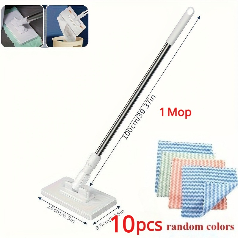 Image of 11pcs/set (1pc Mop And 10pcs Random Color Cloths) Hand Wash Free Lazy Flatbed Mop For Wet And Dry Use, Reusable Press Clip Mop, For Kitchen, Bathroom, Window, And Floor, Multifunctional Cleaning Tool