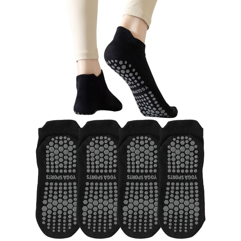 Image of Black 4 Pairs Of Yoga Pilates Non-slip Ankle Socks, Women's Non-slip Gripper Socks, Suitable For Ballet, Yoga, Pilates, Home