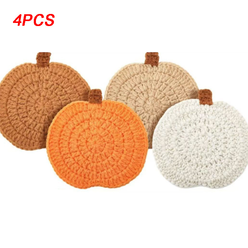 TEMU 4pcs Halloween Crochet Pumpkin Coasters Autumn Thanksgiving Fabric Handmade Cup Mat Halloween Table Decor Fall Farmhouse Decor