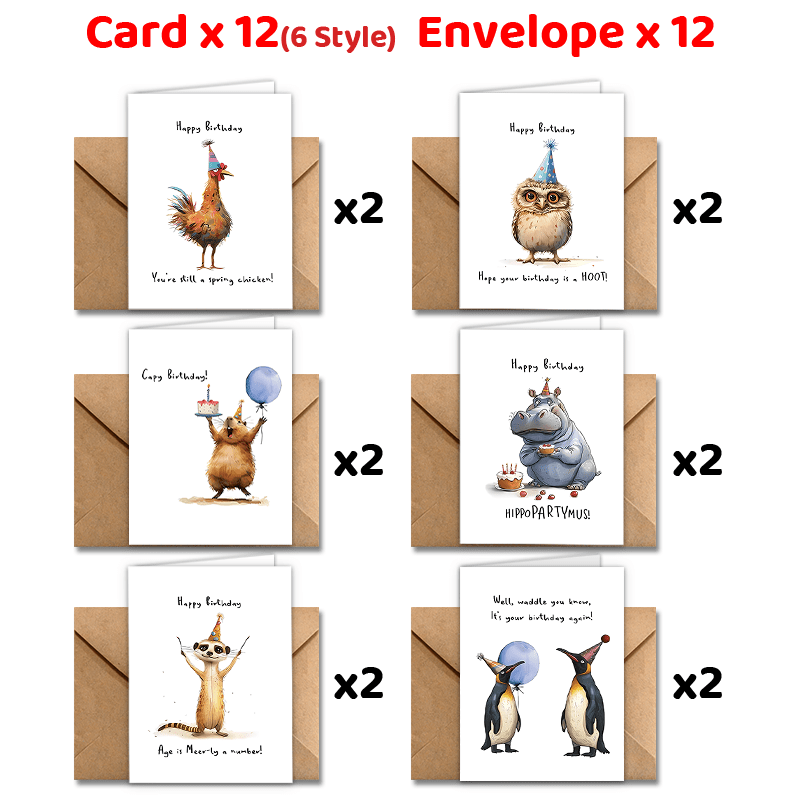 

24pcs Unique Animal Birthday Cards With Envelopes - Featuring , Penguins, & More - Thank You Notes & Gifts