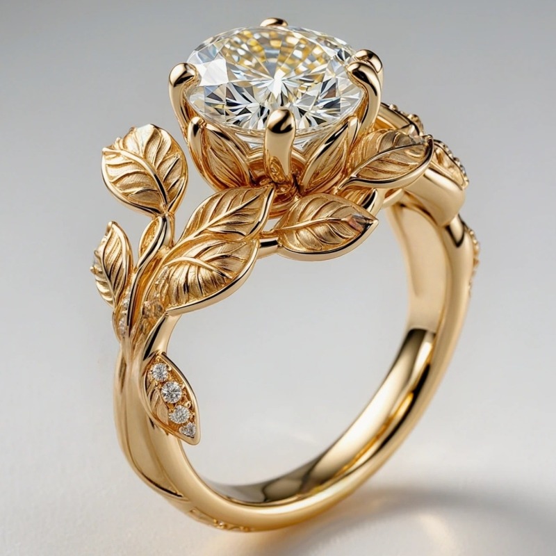 Vine Leaf-Shaped Ring with Engraved Leaf Vein Patterns