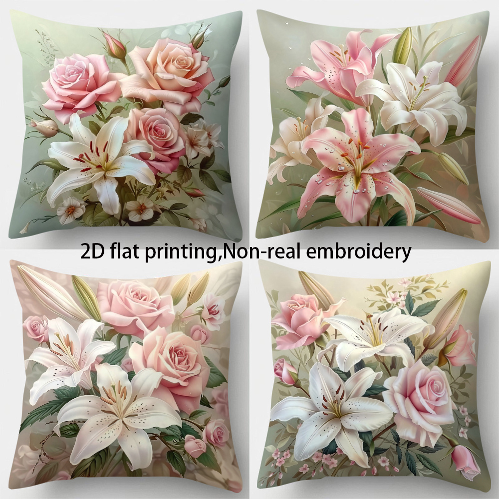 TEMU 2d Flat Printing 4pcs Set Elegant And Stylish Floral Pillowcase Non-real Embroidery 17.7 Inches X 17.7 Inches Single-sided Printing Home