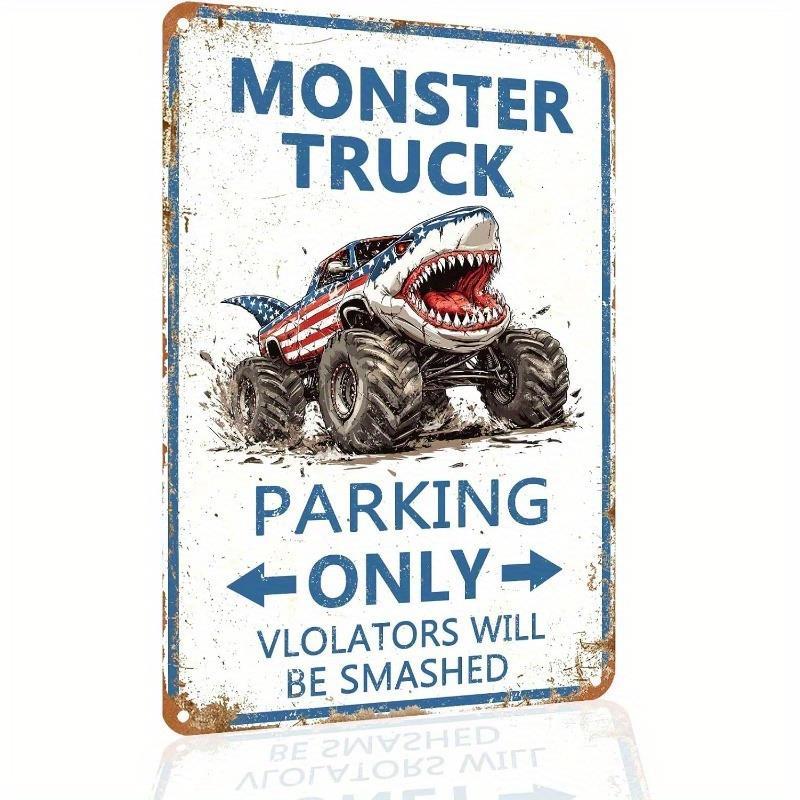 TEMU 2d Flat, 1pc Heavy-duty Monster Truck Parking Sign Suitable For Boys Bedroom, Garage Wall Decor - Funny Warning Decoration With "violators