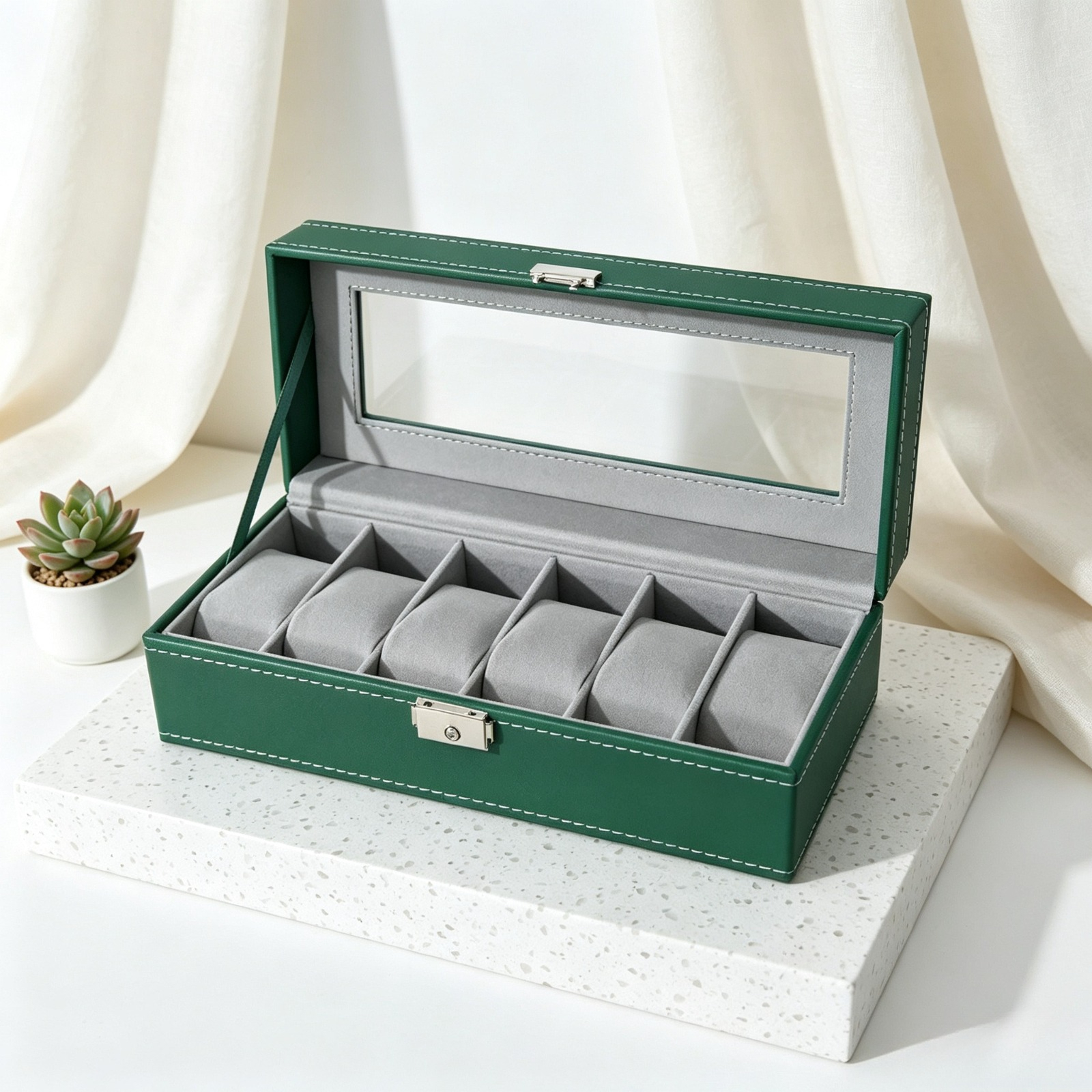 TEMU Custodia per orologi verde a 6 scomparti, organizer per orologi con finestra , scatola espositiva per orologi antipolvere con chiusura per