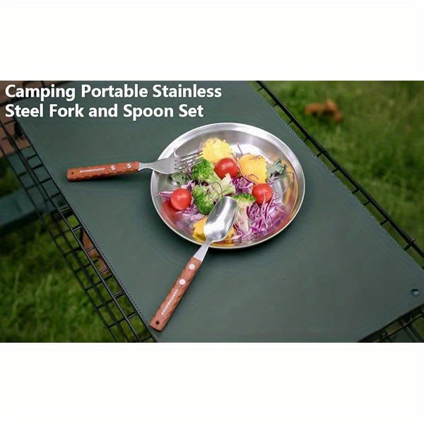  stainless steel camping fork and spoon combo 2- pack metal sporks set of 2 with solid wood handle salad forks spork camping utensil for hiking backpacking, camping accessories and equipment, camping gear, camping dinnerware set, camping kit, camping accessories, backpacking essentials, hiking utensils, portable cutlery,  ,   steel, rustresistant material, spork set Product details 0