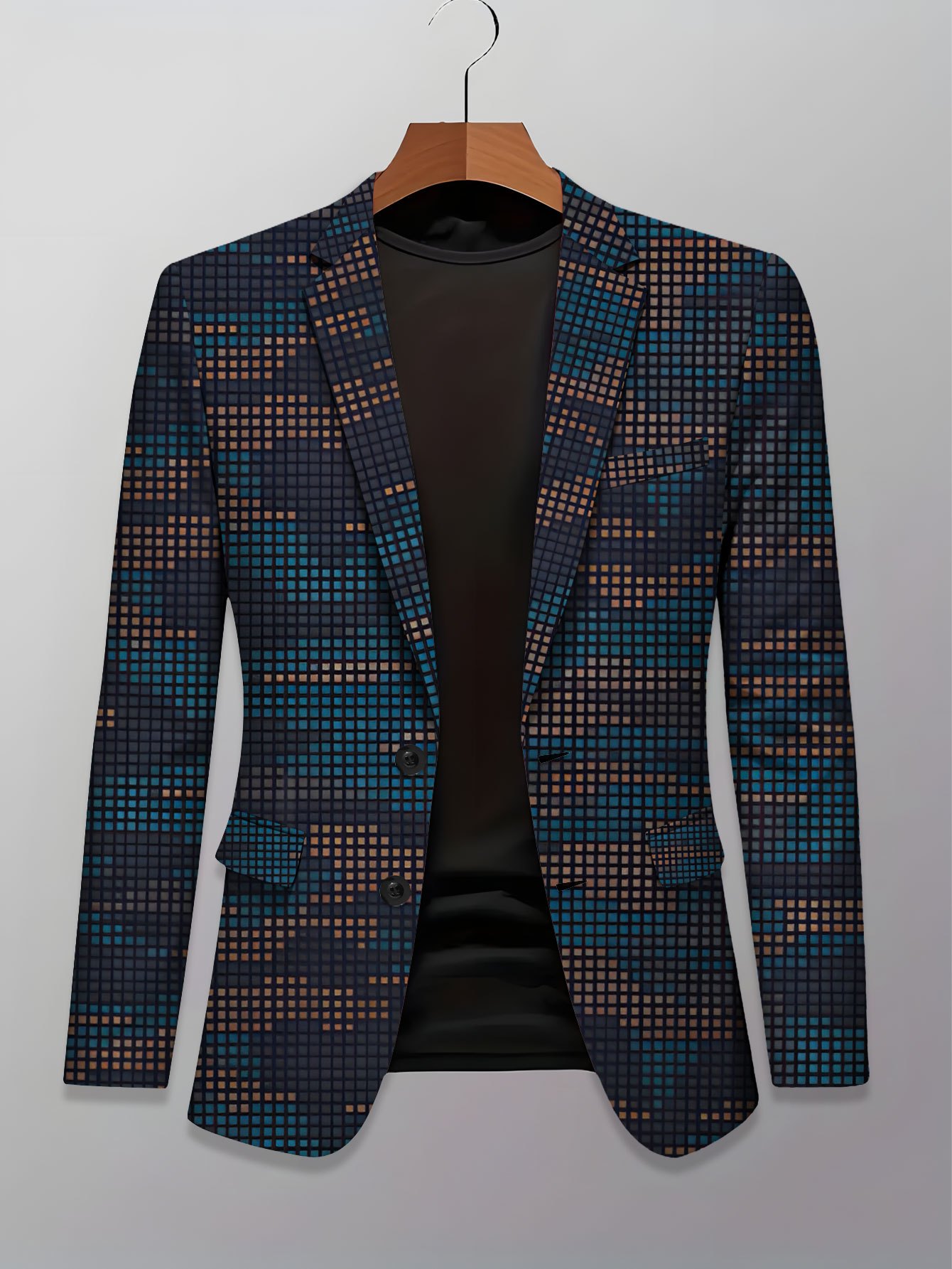 Men's Blazer Jacket - Business Casual & Formal Coat with Notched Lapel, All-Season Office & Party Jacket in Blue-Brown Pixel Pattern, Digital Print Two-button Closure for Everyday & Formal Events, Versatile Menswear, Modern Menswear, Comfortable Fit