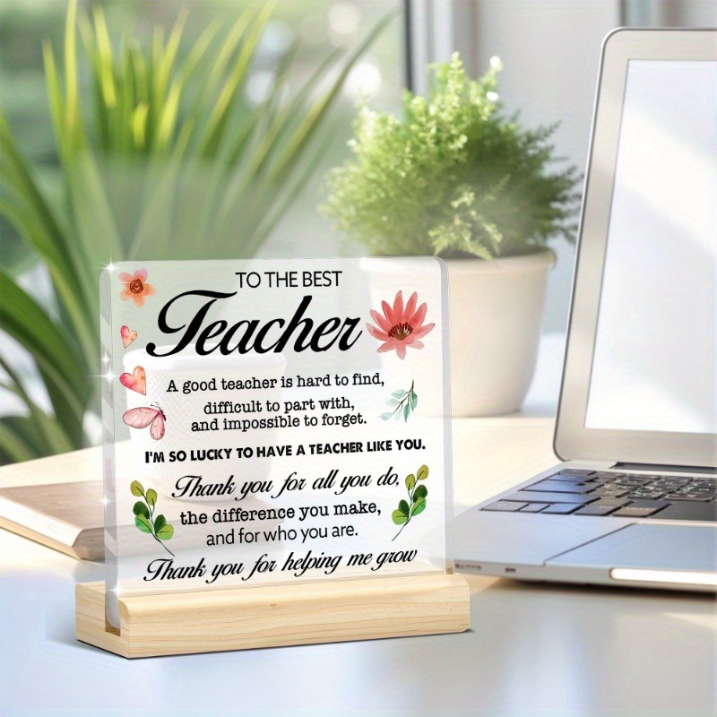 TEMU 2d Flat, 2d Flat Printed Acrylic Desktop Decorative Sign Plaque (with Base) - Transparent Texture, "to The Best Teacher" - Gratitude Theme,