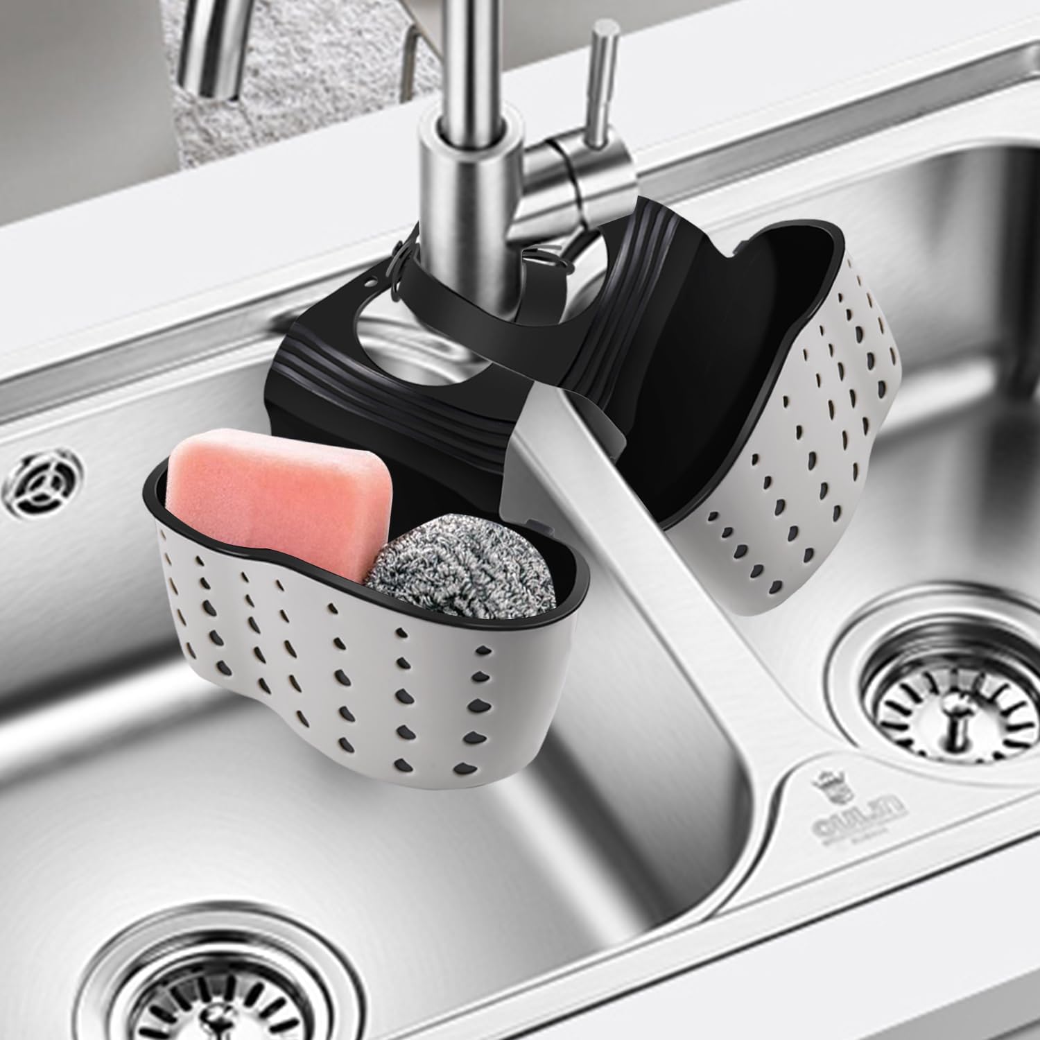 

2pcs Adjustable Sink Soap Holder - Rubber Draining Basket For Kitchen & Bathroom, Faucet Sponge Organizer