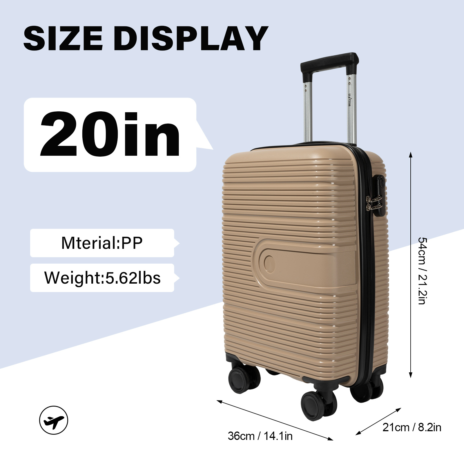 TEMU Valise PP de 20 pouces avec 6 , fermeture éclair lisse, sac en respirante, boucle fixe, cadenas à combinaison, réglable et roulettes à 360° pour