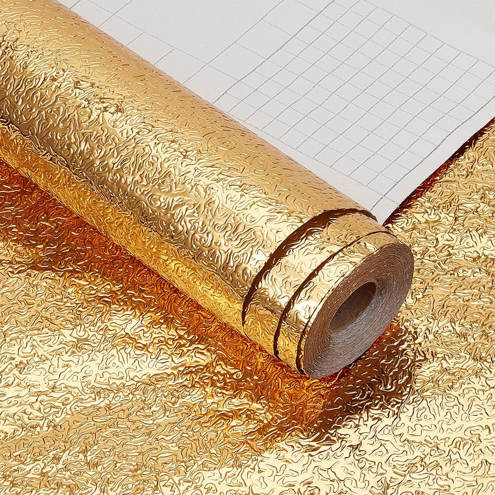 1 roll golden peel and stick wallpaper embossed aluminum foil backsplash sticker self   vinyl material for kitchen bathroom countertops Product details 1