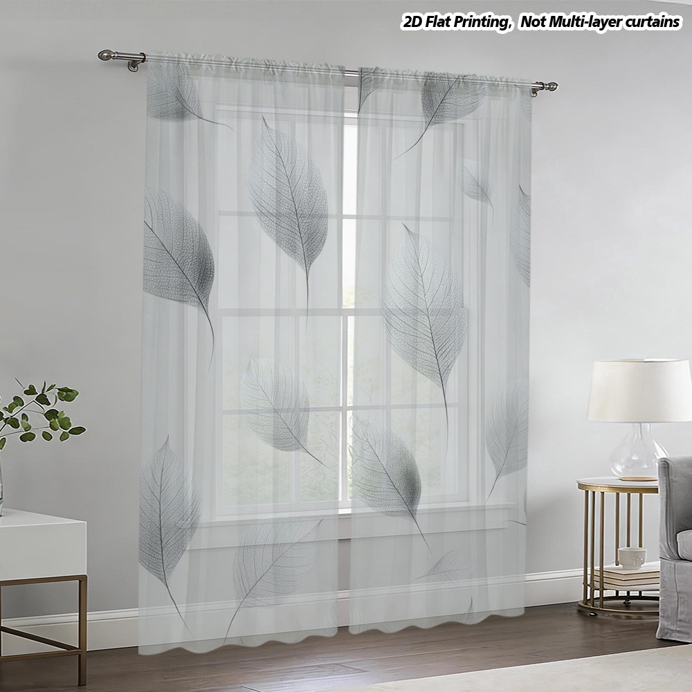     2pcs   delicate gray leaf   polyester gauze curtains   and elegant with a rod   for     drapes will   a   atmosphere to your bedroom living room or study