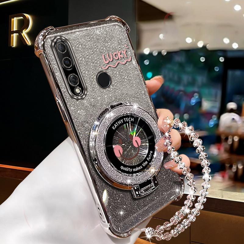 TEMU Phone Case: Diamond Wrist Strap Glitter Face Phone Holder Case On For Huawei P30 Lite Anti-knock Shock Proof Stand Back Cover