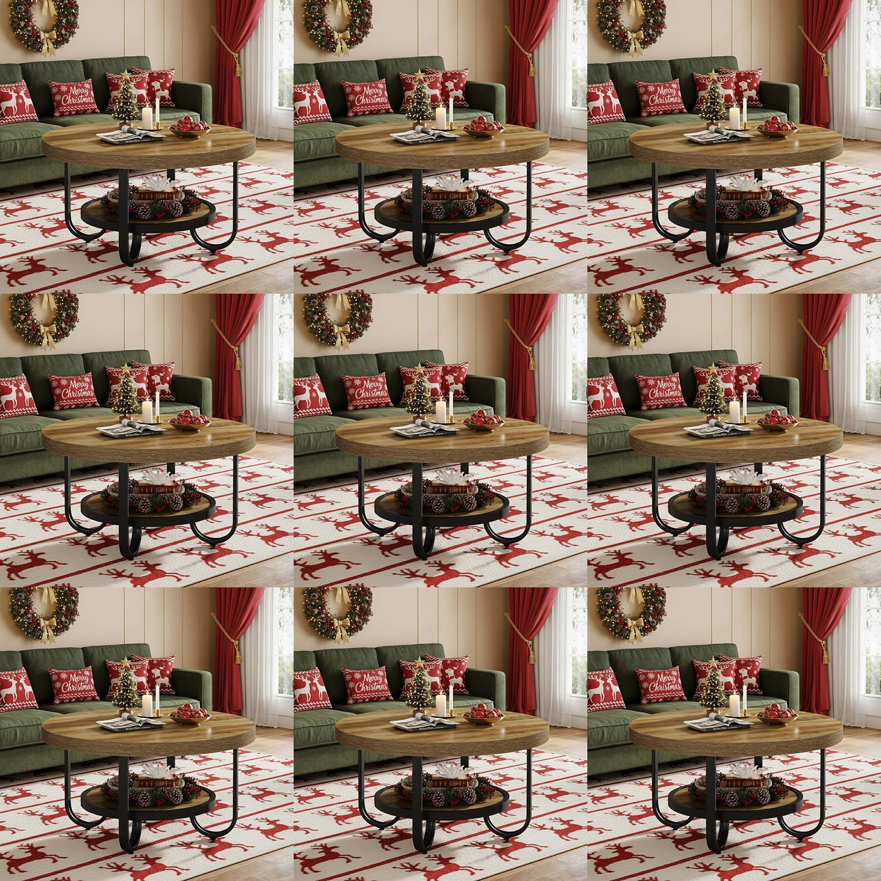 31-inch 2-tier Round Coffee Table With Storage Shelf, Sturdy Center Cocktail Table With Curved Metal Legs