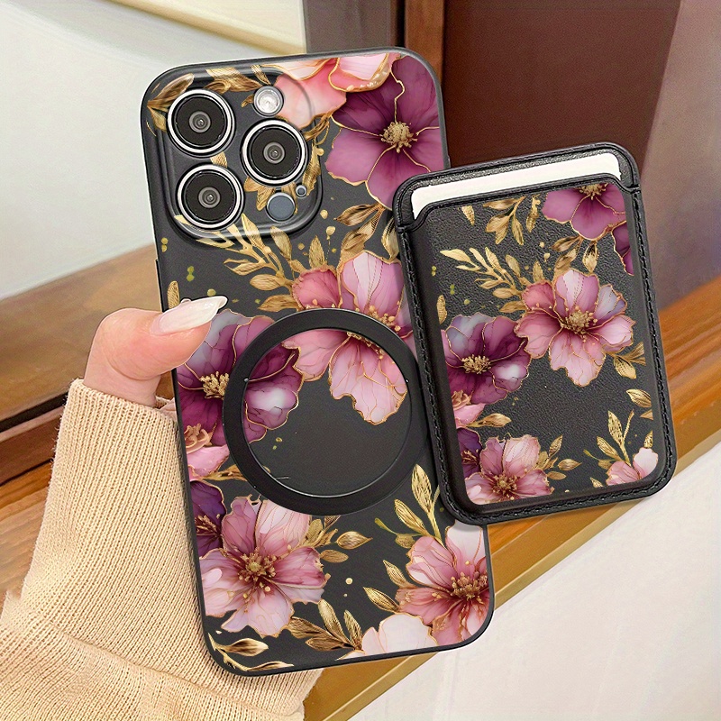 TEMU Premium 2pcs Set: 1pc Purple & Pattern Tpu Shockproof Cover Phone Case & 1pc Fashionable Luxury Artificial Leather Magnetic Card Wallet - Holds