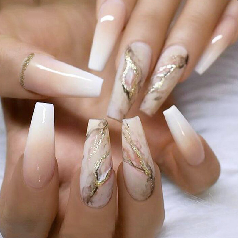 TEMU 24 pezzi, Unghie finte/nail art con motivo a nude a forma di ballerina, unghie press-on con texture marmorizzata a forma di tubo da , set regalo