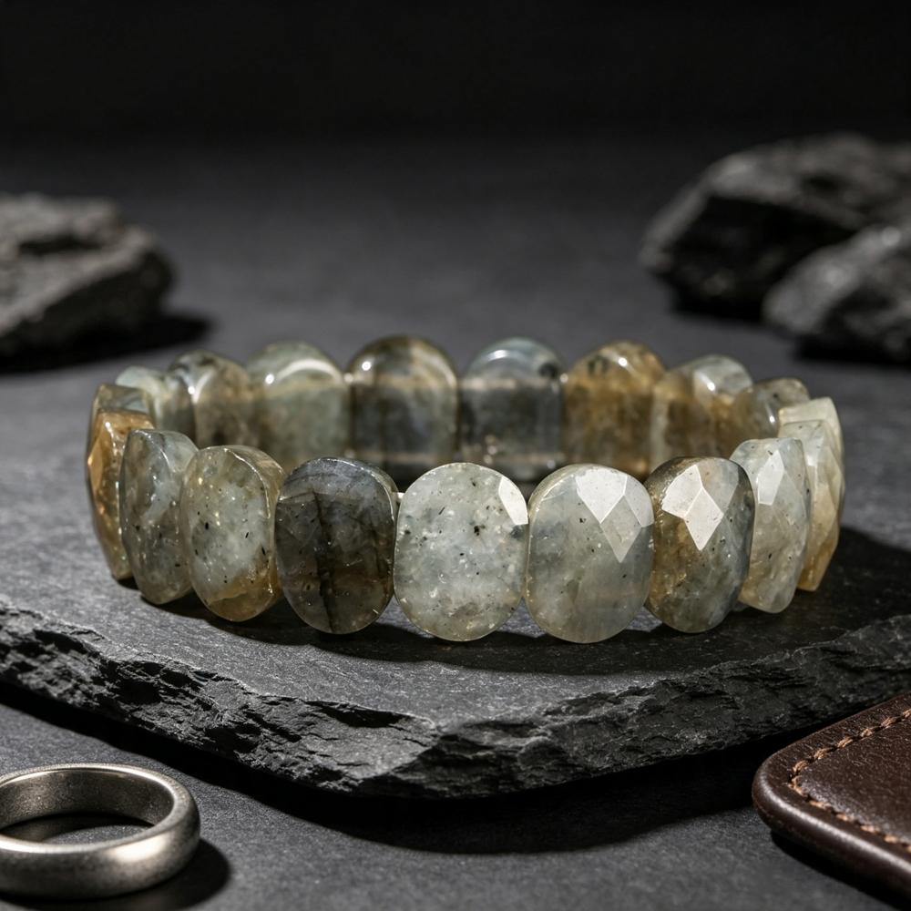 TEMU 1pc Natural Labradorite Bracelet - Genuine Flat Natural Stone Beads, Bohemian Retro Style Suitable For , Unisex Gift For Daily Wear, Accessory