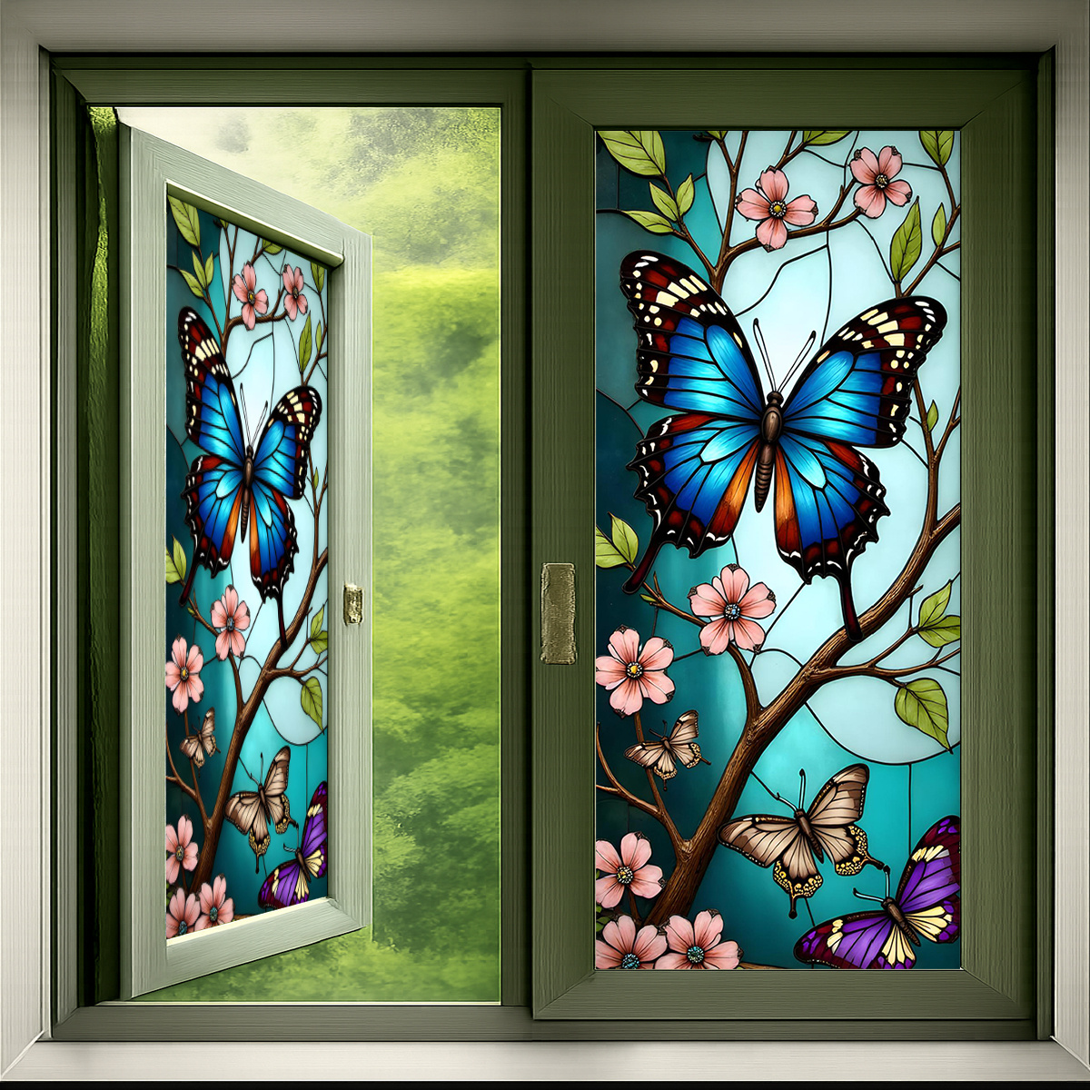 TEMU 1 pièce, Film Fenêtre PVC Adhésif Papillon et Fleur Film Fenêtre Décoratif Style Vitrail Art pour Décoration de Maison Salon Chambre Bureau Film