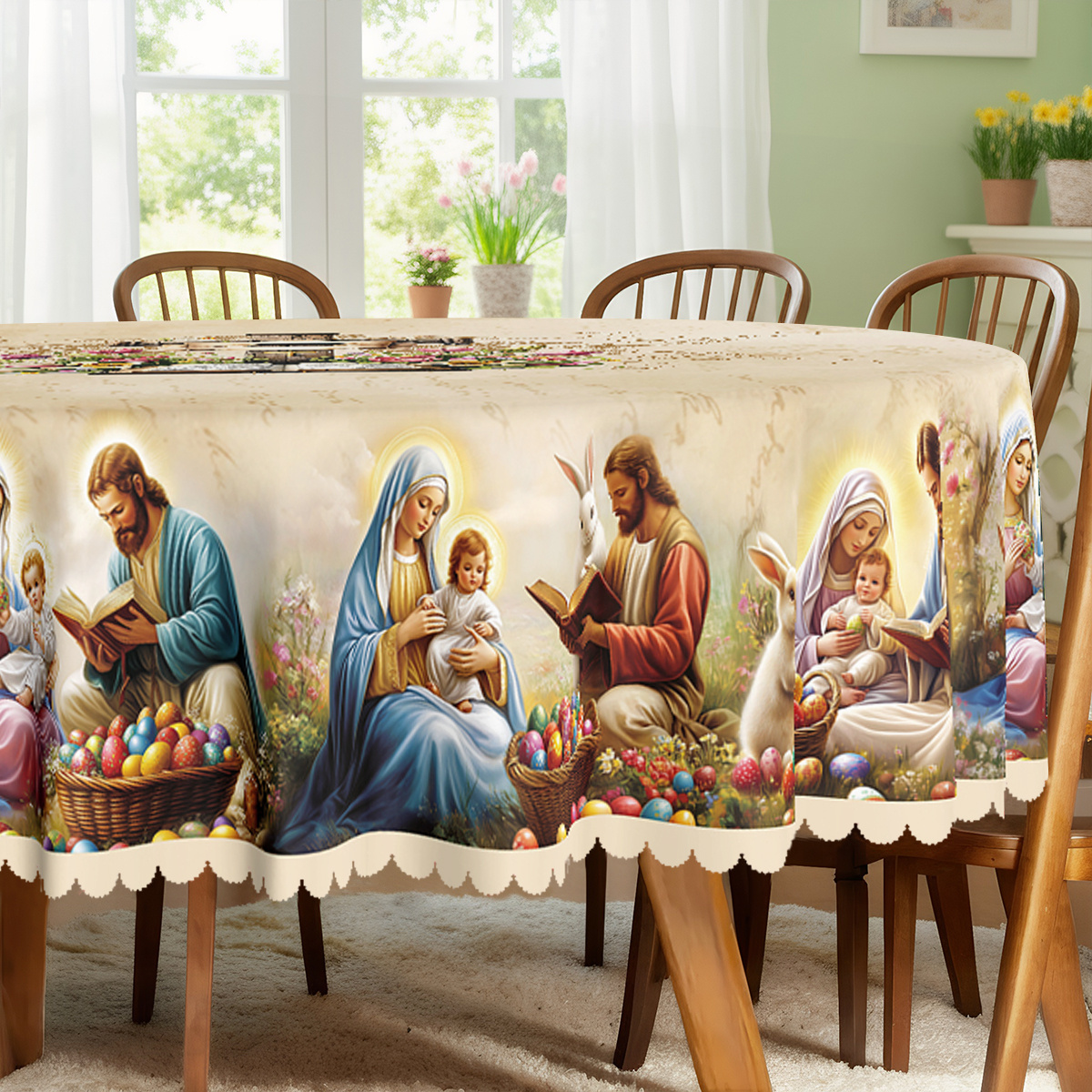 item picture 1pc easter themed party tablecloth vintage rabbit nativity scene colored eggs floral printed design polyester embossed edge suitable for indoor outdoor dining picnic dinner dining room decoration