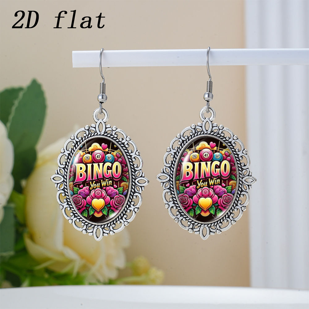 TEMU 1 Pair Colorful Flower Ball & Bingo Text Pattern Time Gem Glass Earrings, 2d Flat Design, Exquisite Hollow Oval Shape With Lace Edge, Spring And
