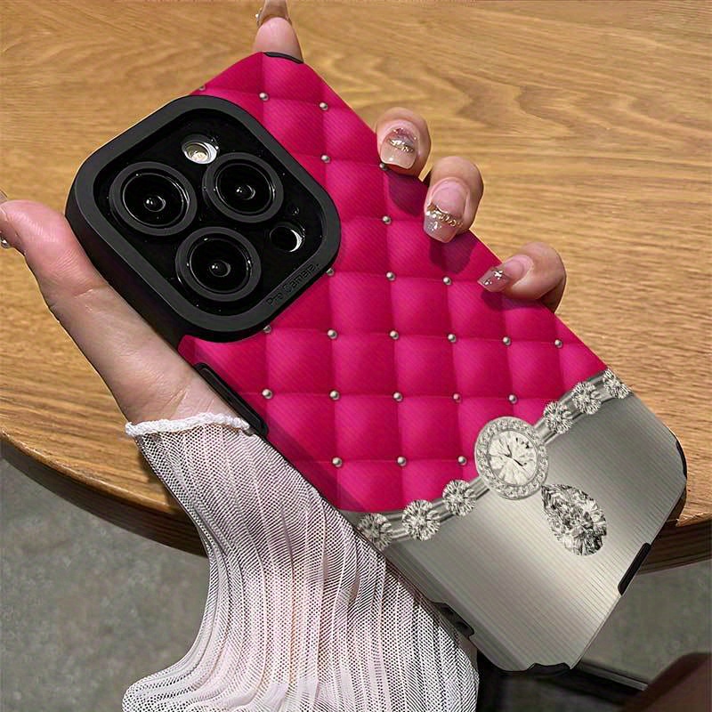 TEMU Phone Case - Pink Background Silvery Diamond Decoration Suitable For Iphone16, 16plus, 16pro, 16promax, Iphone 15, 15plus, 15pro, 15promax, 14,