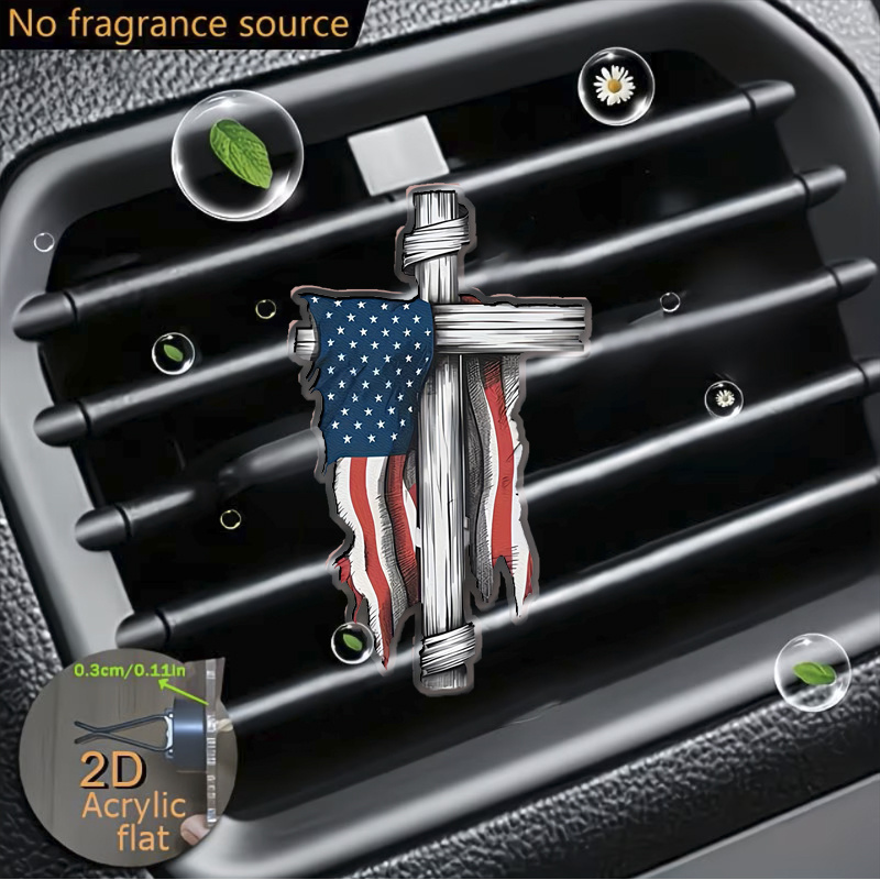 TEMU 2d Flat, Day, 1pc Distressed-style American Flag Cross Pattern. "fragrance-free" Sponge That Scented By The User, 2d Flat Acrylic Refillable Car