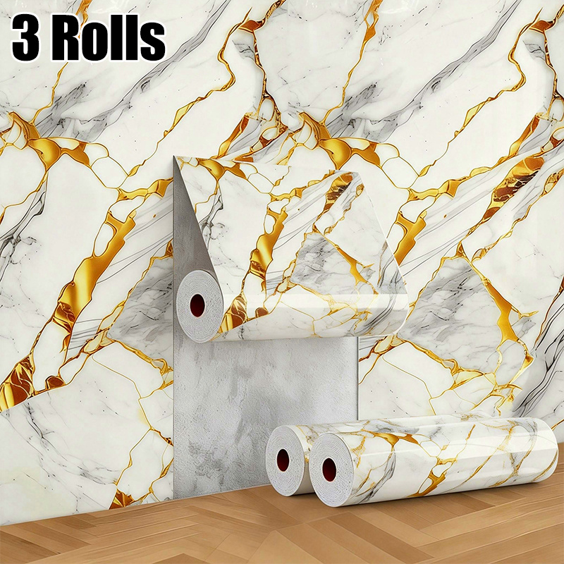 Image of 3rolls 40x300cm/15.7x118in Bright Golden Imitation Marble Texture Self-adhesive Wallpaper, Wall Panel Hanging Decorative Tiles, Waterproof,, Easy To Clean, Removable Sticker Construction Convenient